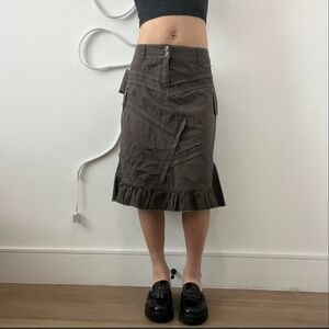 Green Olive Utility Midi Skirt with Ruffle Hem